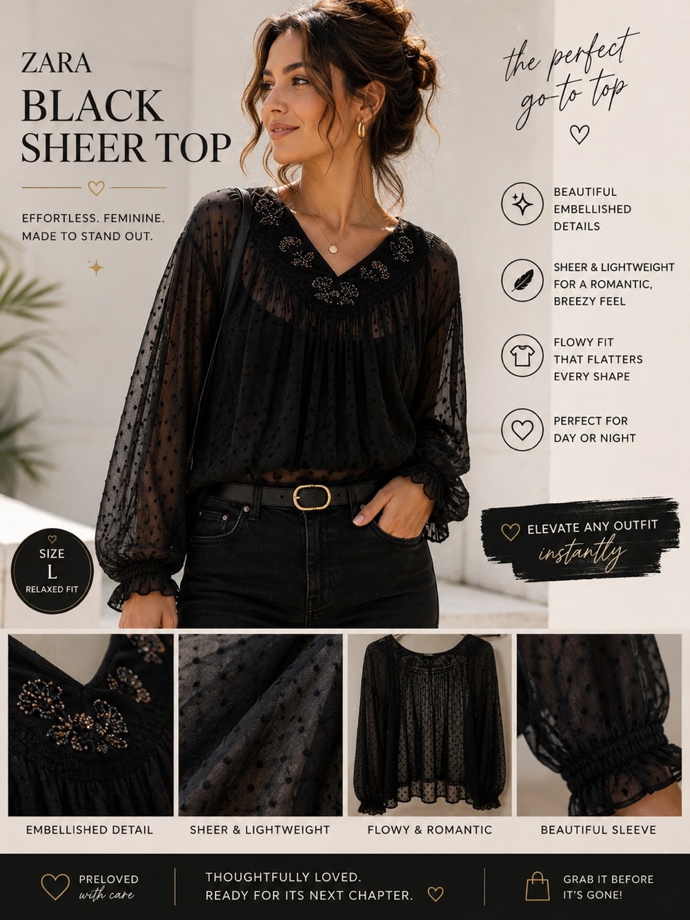Zara Black Sheer Top with Embellished Details